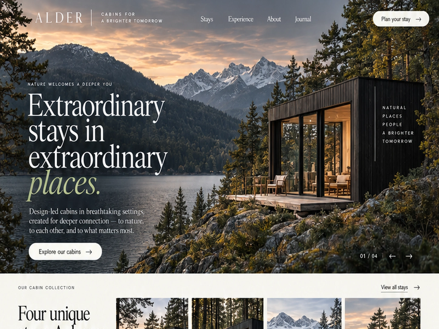 ALDER preview with a premium mountain-lake cabin hero image.